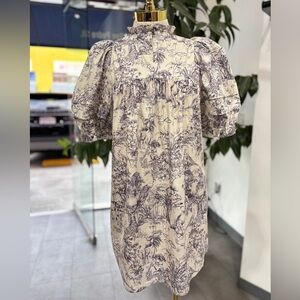 Toile Print Puff Sleeve Mini Dress – Ruffle Neck Babydoll